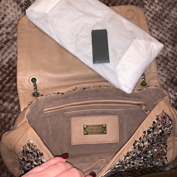Elie Tahari dark gold sequin taupe leather bag - Picture 6 of 7